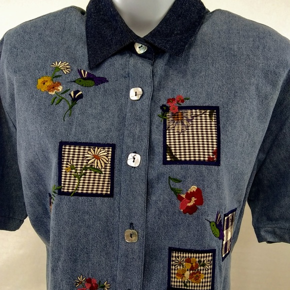 Teddi Women's Denim Patchwork Button Up Shirt Small Short Sleeve Top Blue - Picture 3 of 6